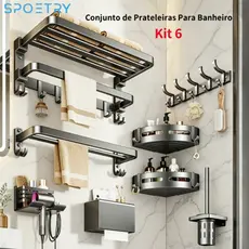 Kit 6 Banheiro Prateleira Porta Shampoo Toalheiro De Banheiro Parede De Alumínio Suporte Organizador Multiuso
