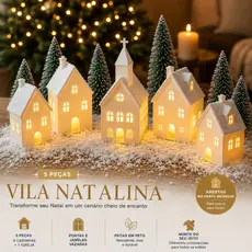 NATAL Vila Natalina 5 Casinhas Brancas Enfeite Decoração Natalina Cenário Vilarejo Igreja para Mesa Aparador Presente