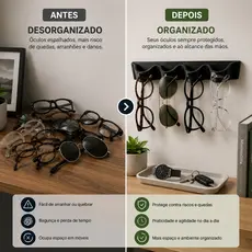 Porta ÓCULOS Sol e Grau Suporte de Parede e Roupeiro 4 divisórias e 20CM Organizador Moderno Fita Extra Forte Dupla Face