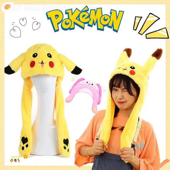 Chapéu feminino Anime Pokémon Pikachu com orelhas de coelho em movimento com chapéu Animal Casual piscante, chapéu de mi