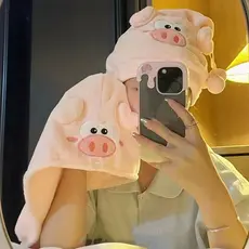 Toalha de Cabelo de Secagem Rápida com Estampa de Porquinho Adorável, Macia e Absorvente de Algodão para Cabelos Cachead
