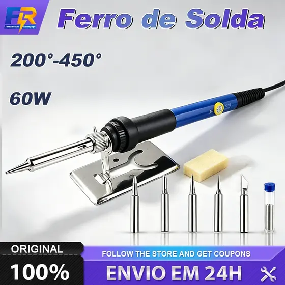 Kit Ferro de Solda 60W Controle de Temperatura Ajustável 200°-450° Acompanha 5 Pontas e Suporte Resistente