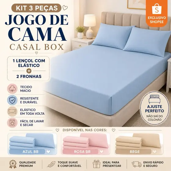 Jogo de Cama Casal Box 3 Peças | Lençol com Elástico + 2 Fronhas | Macio e Confortável
