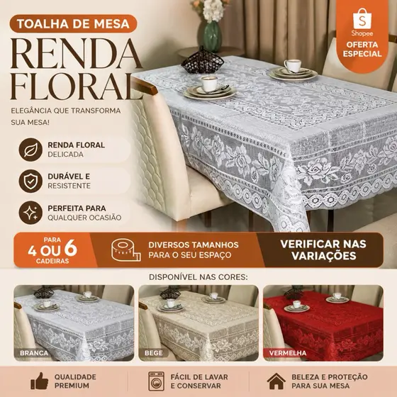 Toalha de Mesa Rendada Floral Premium 4/6 Lugares | Decoração Elegante