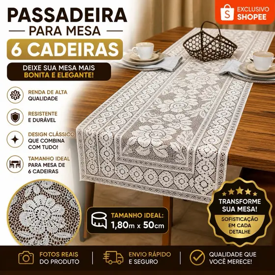 Passadeira de Mesa Renda 1,80x0,50m Elegante Premium Para Mesa 4 e 6 Cadeiras Decoração Luxo Resistente