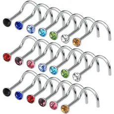 20 pieces 316L Stainless Steel Rhinestone Nose Stud Rings Body Piercing- 10 Mixed Color 2.2 MM