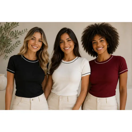 Blusas Femininas Caneladas Manga Curta- T-Shirt- Modelagem Ajustada - Alta Elasticidade - Básica