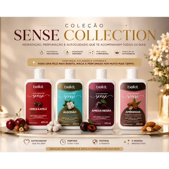 Loção Hidratante Belkit Sense 475ml Ureia Colágeno Vitamina E Hidratação Intensa Várias Fragrâncias