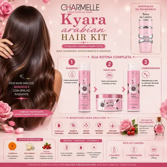 Kit Capilar Charmelle 3 Itens–Hidratação,Nutrição, Brilho, Maciez e Controle do Frizz
