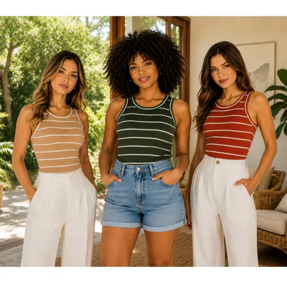 Regata Blusa Feminina Canelada Listrada Sem Manga Casual - Premium Básica