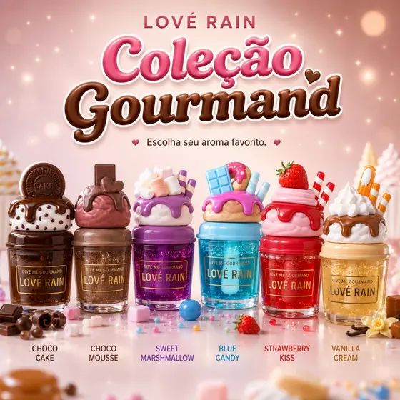 Gloss Labial Love Rain Coleção Gourmand | Hidratante, Brilho Espelhado, 6 Aromas Inspirados em Sobremesas