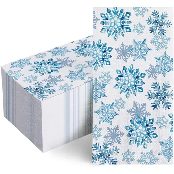 100 Unidades de Guardanapos de Papel Descartáveis Azuis com Flocos de Neve para o Inverno, Toalhas de Mão Decorativas pa