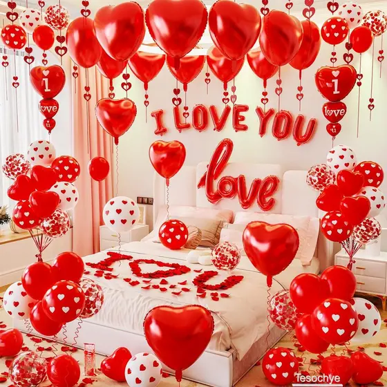 Conjunto de Decorações para o Dia dos Namorados Vermelho com 1126 Peças, Balões em Forma de Coração Vermelho e Balão Met