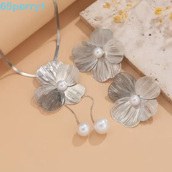 PERRY1 Conjunto De Joias De Flores , Pingente De Pérola Oco , Brincos De Pétala , Colar Cobre , Terno Femininas