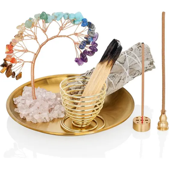 ZenBless Suporte para Incenso em Forma de Árvore com Cristais de Cura dos 7 Chakras, Queimador de Palo Santo e Sálvia, C