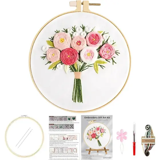 Kits de Bordado Huacan para Adultos Iniciantes, Padrão de Flores Estampadas, 4 Peças, Kit de Costura DIY para Ponto Cruz