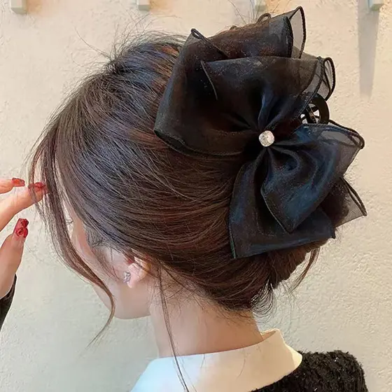 Presilha de Cabelo de Tule Preto com Laço e Strass - Acessório de Cabelo Grande para Cabelos Grossos e Rabos de Cavalo,