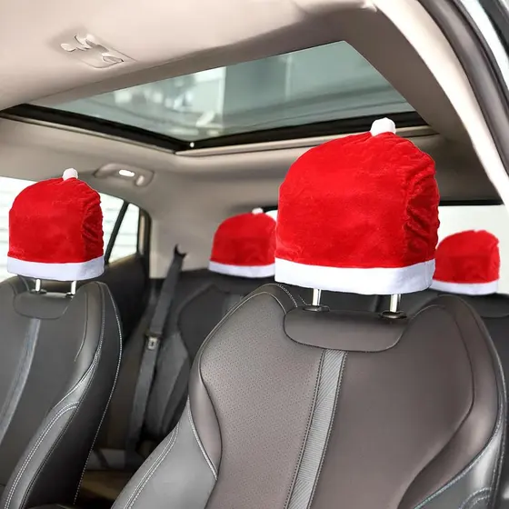 JIEYAO 4PCS Santa Claus Hats for Headrests, Funny Car Decorations, Functional Interior Accessories, Suitable for Most He