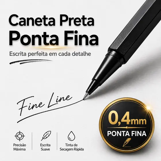 Caneta Preta Ponta Fina 6 Unidades