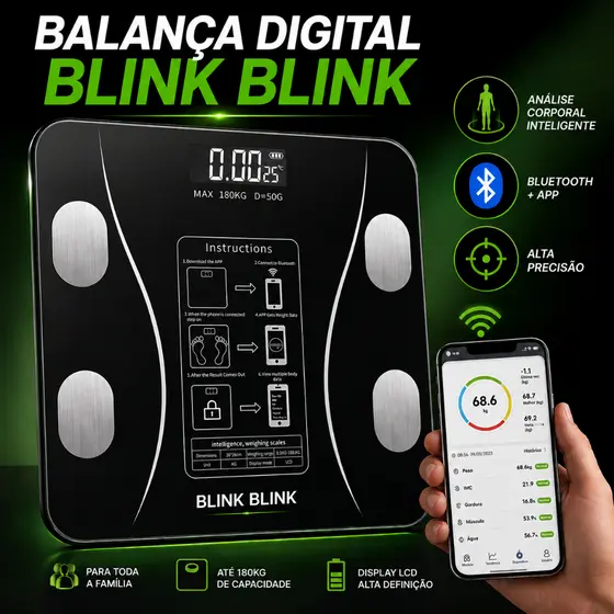 Balança Digital Bioimpedância Bluetooth Blink Blink Até 180kg com App OKOK - International