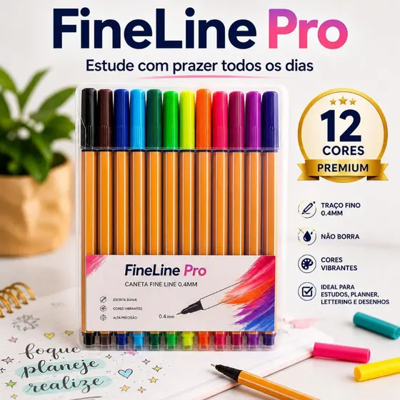 Caneta Fine Line 0.4mm Colorida | Kit 12 Unidades Escrita Fina e Suave