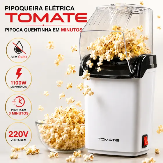 Pipoqueira Elétrica TOMATE Compacta e Portátil 1100W de Potência - 220V | Tecnologia Sem Uso de Óleo