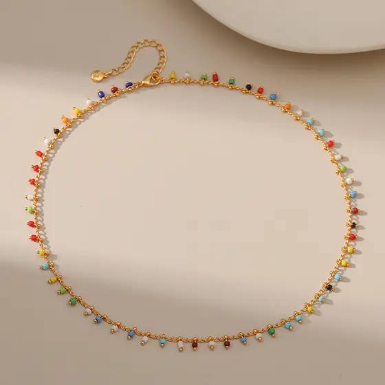XILANG fornecimento europeu americano cobre banhado a ouro 18K colorido contas de arroz colar exótico corrente fina nich