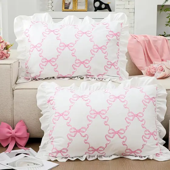 Conjunto de 2 Capas de Almofada com Laço Rosa, Capas de Almofada com Babados de Natal, Capas de Almofada Coquette