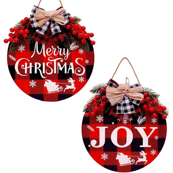 2 Peças de Decoração de Parede de Natal em Xadrez Buffalo, Placa de Madeira de 12 Polegadas com a Mensagem "Feliz Natal"