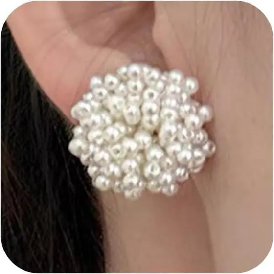 Brincos de Pérolas Vintage com Contas em Agrupamento para Mulheres, Delicados, Charmosos, Estilo Boho, Pérolas Brancas,