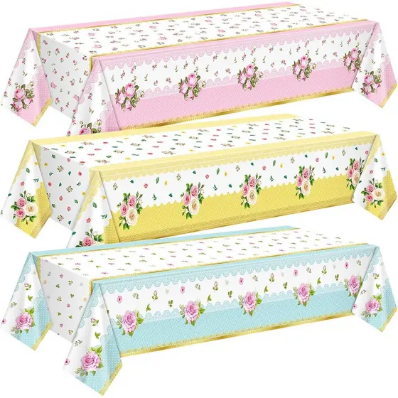 3 Peças de Toalha de Mesa para Festa de Chá, Toalha de Mesa Floral 54x108 Polegadas, Capa de Mesa Retangular de Plástico