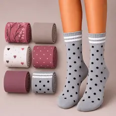 Kit 6 Pares de Meia Feminina Cano Alto Tecido de Algodão Confortável e Macio Estampas e Cores Sortidas