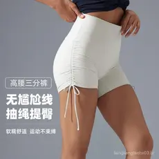 Calças de yoga de três quartos com toque nude para mulheres, shorts esportivos justos de verão com cordão, shorts de cic