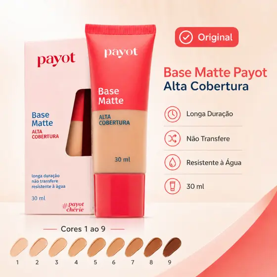 Base Líquida Payot Matte Alta Cobertura 30ml Longa Duração Cores 1 a 9