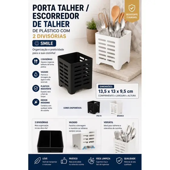 PORTA TALHER / ESCORREDOR DE TALHER DE PLÁSTICO COM 2 DIVISÓRIAS SMILE BRANCO OU PRETO 13,5x13x9,5CM