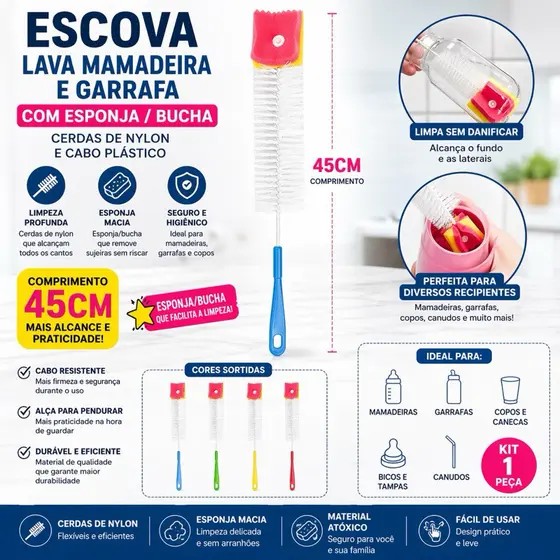 ESCOVA LAVA MAMADEIRA GRANDE/ GARRAFA DE NYLON COM ESPONJA / BUCHA E CABO PLASTICO 45CM