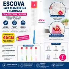 ESCOVA LAVA MAMADEIRA GRANDE/ GARRAFA DE NYLON COM ESPONJA / BUCHA E CABO PLASTICO 45CM