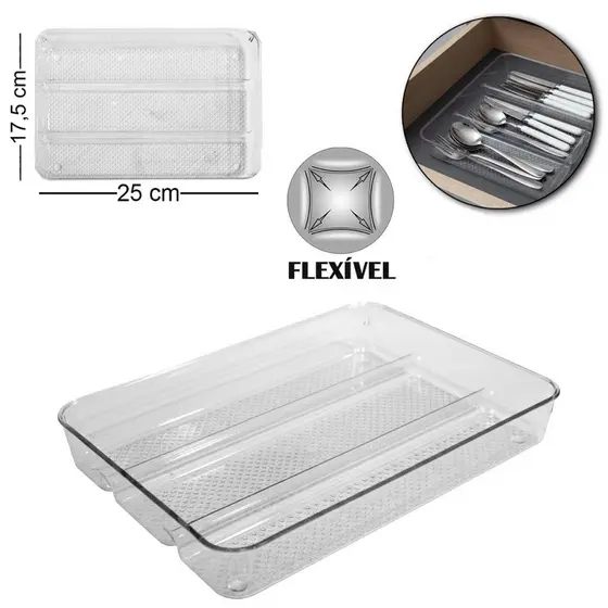 PORTA TALHER DE GAVETA DE PLASTICO PET FLEXIVEL COM 3 DIVISORIAS 25X17,5X3,5CM