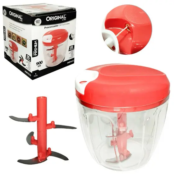 PROCESSADOR DE ALIMENTOS MANUAL A CORDA COM 5 LAMINAS DE INOX PREMIUM VERMELHO 900ML 14X13CM DE Ø