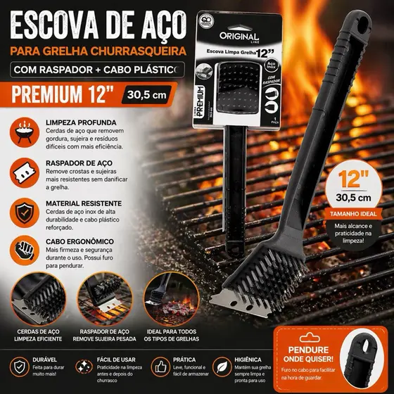 ESCOVA DE ACO PARA GRELHA CHURRASQUEIRA COM RASPADOR + CABO PLASTICO PREMIUM 12