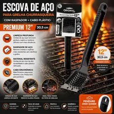 ESCOVA DE ACO PARA GRELHA CHURRASQUEIRA COM RASPADOR + CABO PLASTICO PREMIUM 12