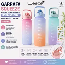 GARRAFA SQUEEZE DE PLASTICO AS EMBORRACHADO MOTIVACIONAL COM CANUDO + ADESIVO WEEZE 2000ML (2 LITROS)