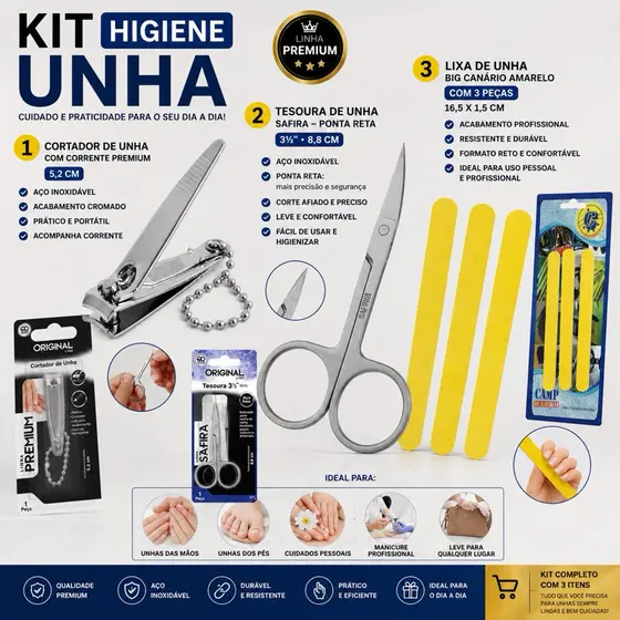 KIT UTENSÍLIOS PARA UNHA - 1 TESOURINHA / 1 CORTADOR DE UNHA / 3 LIXAS BIG CANÁRIO.