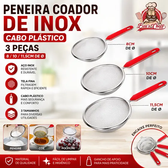 PENEIRA COADOR DE INOX CABO PLASTICO COM 3 PECAS 8 / 10 / 11,5CM DE Ø BONS CHEFF