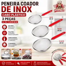 PENEIRA COADOR DE INOX CABO PLASTICO COM 3 PECAS 8 / 10 / 11,5CM DE Ø BONS CHEFF