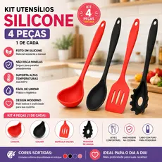 KIT UTENSÍLIOS SILICONE 4 PEÇAS:(1 Concha / 1 Colher / 1 Espátula vazada / 1 Pegador de massa. Kit 4 peças (uma de cada)