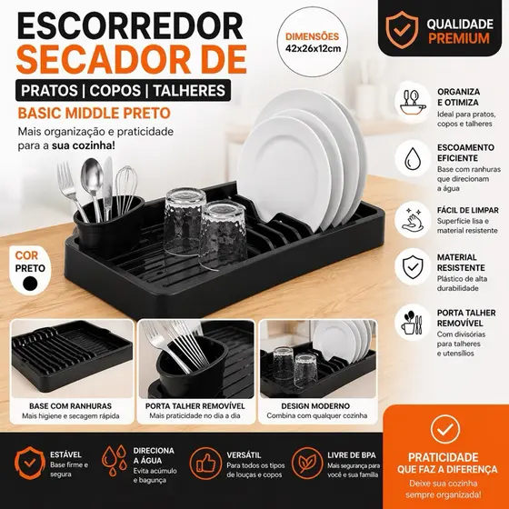 ESCORREDOR SECADOR DE PRATOS / COPOS / TALHER DE PLASTICO BASIC MIDDLE PRETO 42X26X12CM