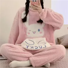 Pijamas de flanela femininos em torno do pescoço Coral velo bonito forro de lã engrossado Loungewear de duas peças