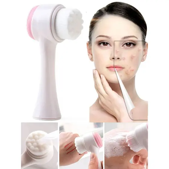Escova de Limpeza Facial 2 em 1 Esponja Cerdas Macias Ponta Dupla de Silicone Esfoliante Aparelho Massagem