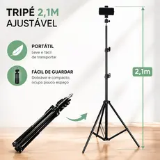 Tripé para transmissão ao vivo com 2,1 m e bastão para selfie.Suporte extensível para celular com estrutura de suporte